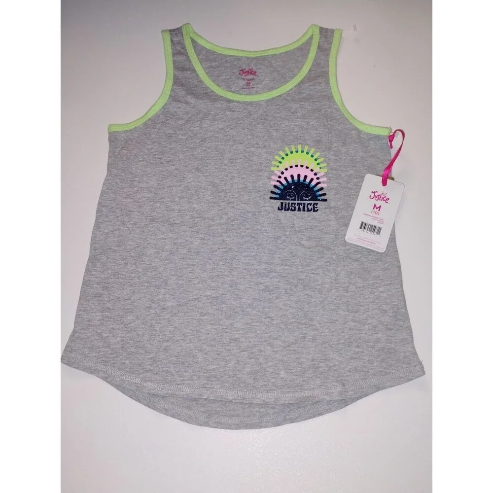 Justice Girls Grey Tank with Neon Lime Trim and Rainbow Logo New Size M 10